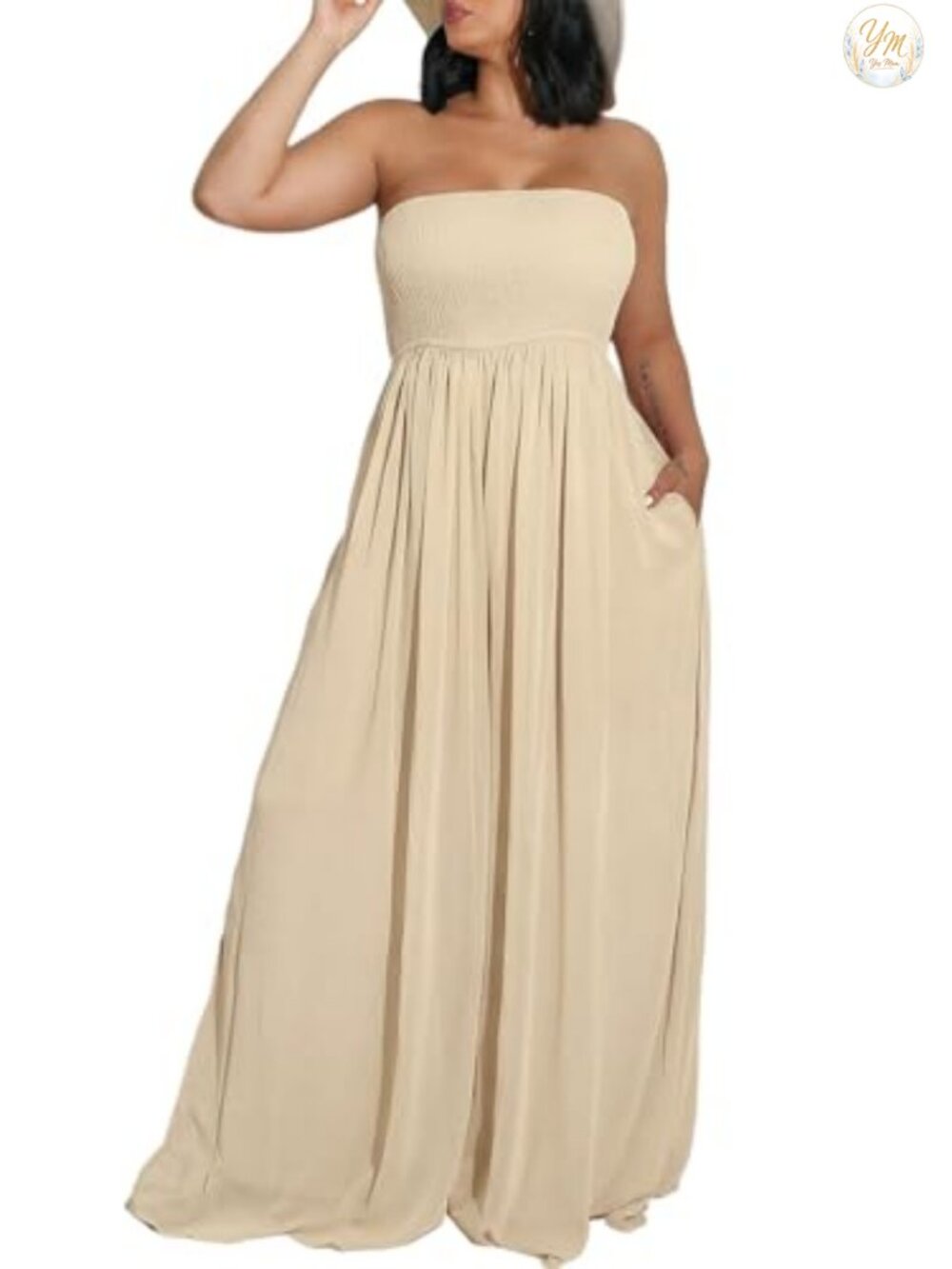 Strapless Wide Leg Smocked Jumpsuit High Stretch Polyester Spandex - Picture 4 of 5